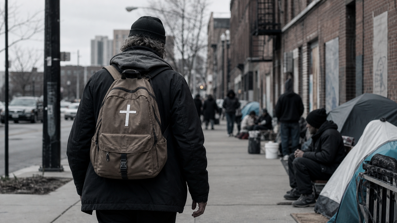 Person carrying a backpack with a cross while walking down a city sidewalk near people in need